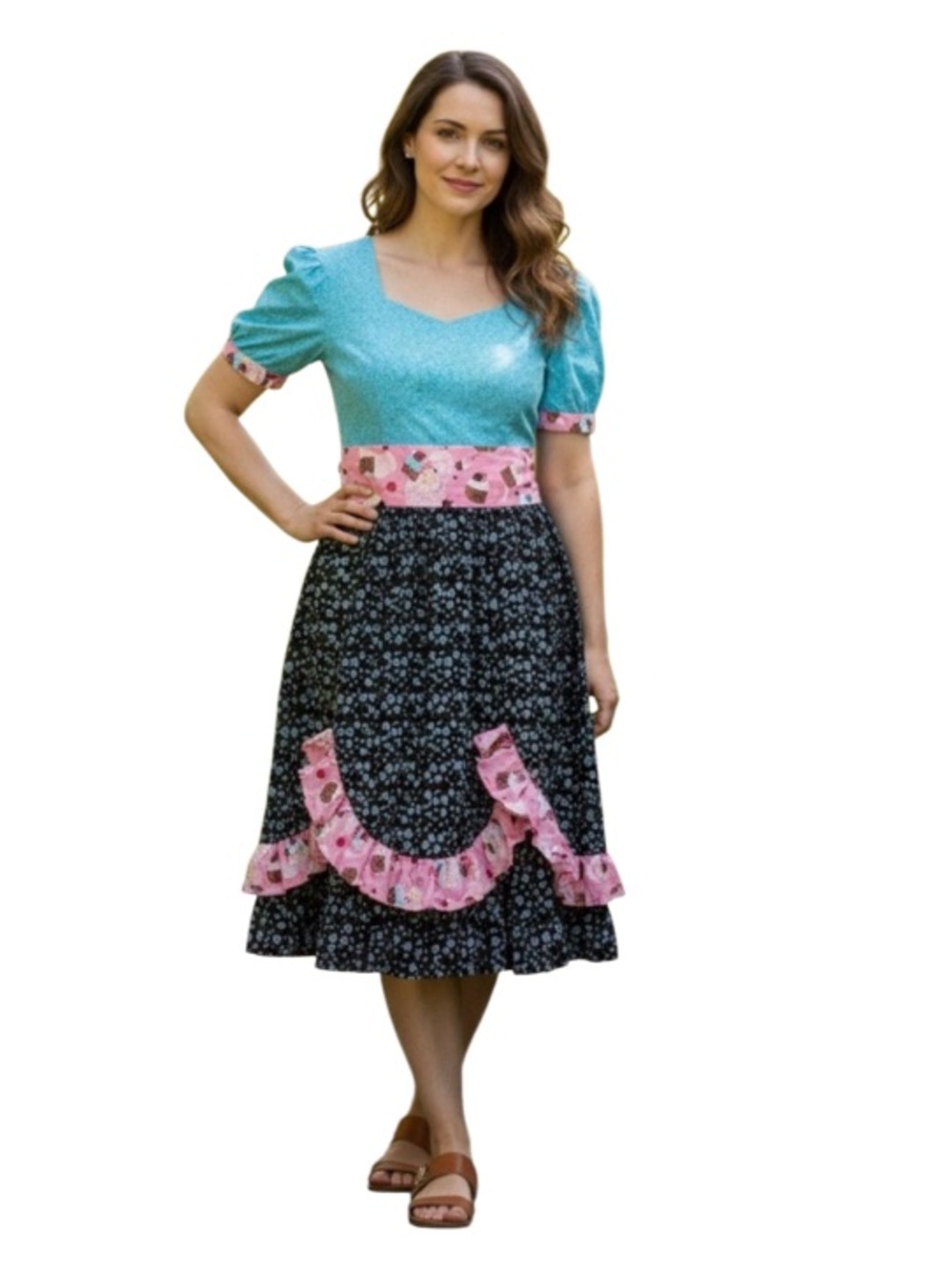 FIRE WIFE FASHIONS Cotton Dress Full Skirt Mixed Print Cupcakes Button Back
